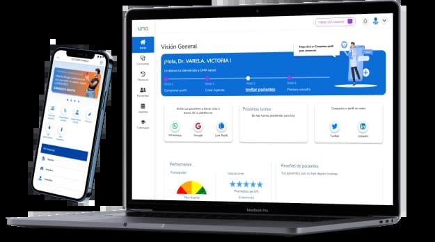 Notebook y celular ambas mostrando en pantalla la app de Uma salud, del lado de paciente y médica